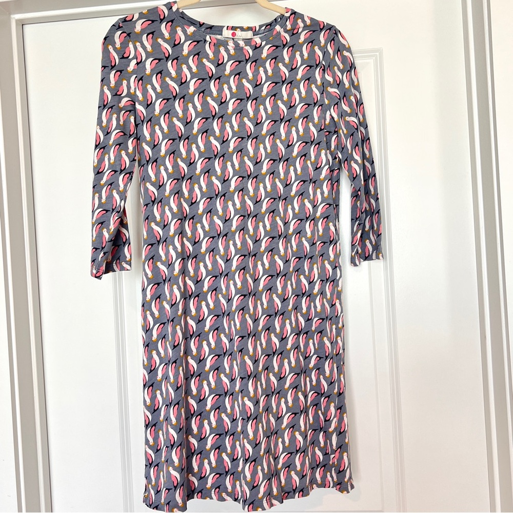 Boden Shift Dress Women’s US 6 Gray Pink Bird Parrot Print 3/4 Sleeve Cotton